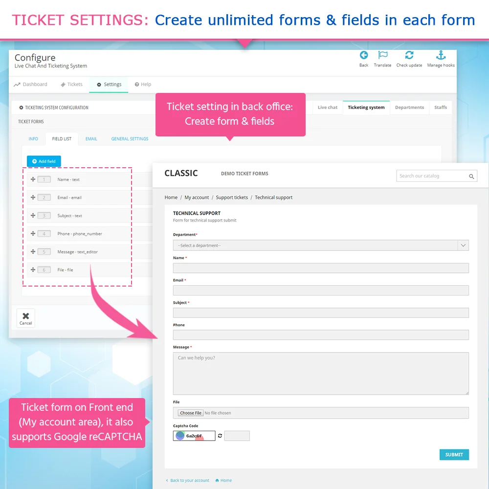 Live Chat, Contact form and Ticketing System